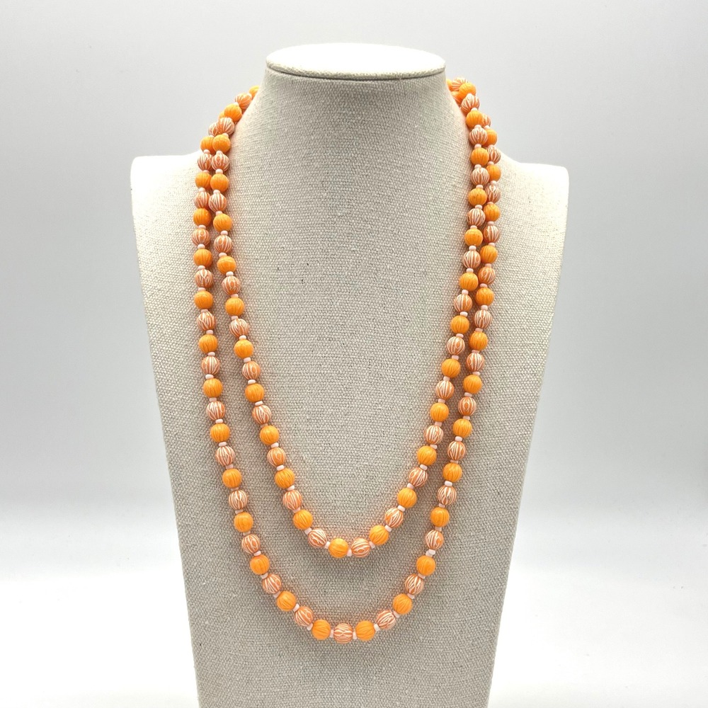 Vintage‎ Orange Necklace with White Accent Beads, Long Layering Necklace